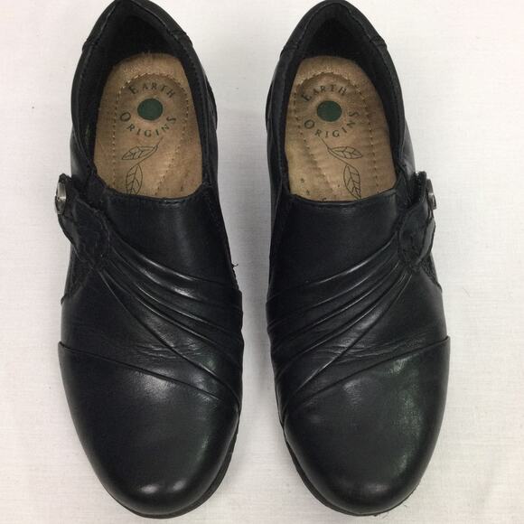 Earth Origins Madison Round Toe Chunky Heel Black Leather Slip On Women's Size 7 - Picture 3 of 13